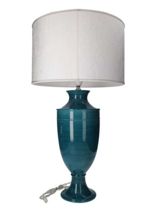 Lampada in Ceramica da Tavolo Petrolio con Paralume Bianco