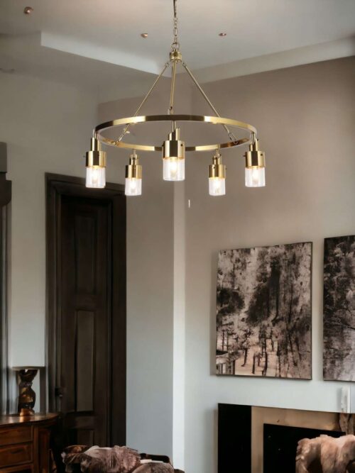 Lampadario da Soffitto in Metallo Dorato e Cristallo 6 Luci