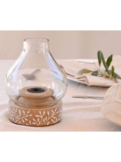 Portacandela in Legno Naturale di Mango Decorato con Cristallo