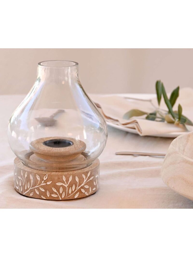 Portacandela In Legno Naturale Di Mango Decorato Con Cristallo