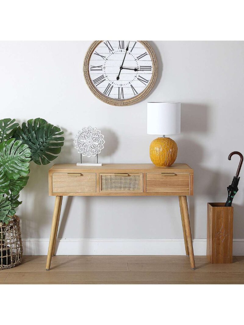 Consolle 3 Cassetti In Rattan E Legno