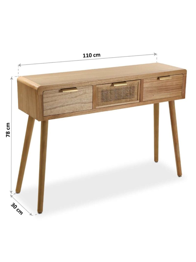 Consolle 3 Cassetti In Rattan E Legno