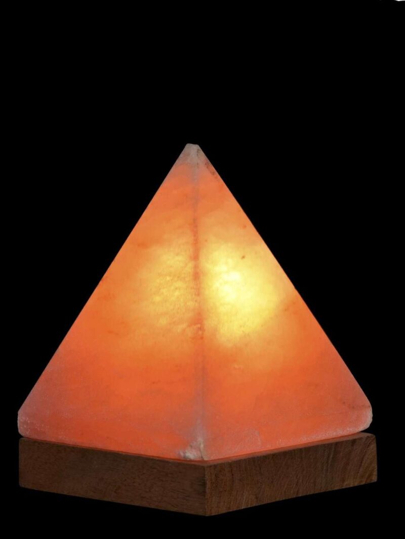 Lampada Piramide Di Sale Dell'Himalaya Base Su Legno Di Acacia H18 Cm