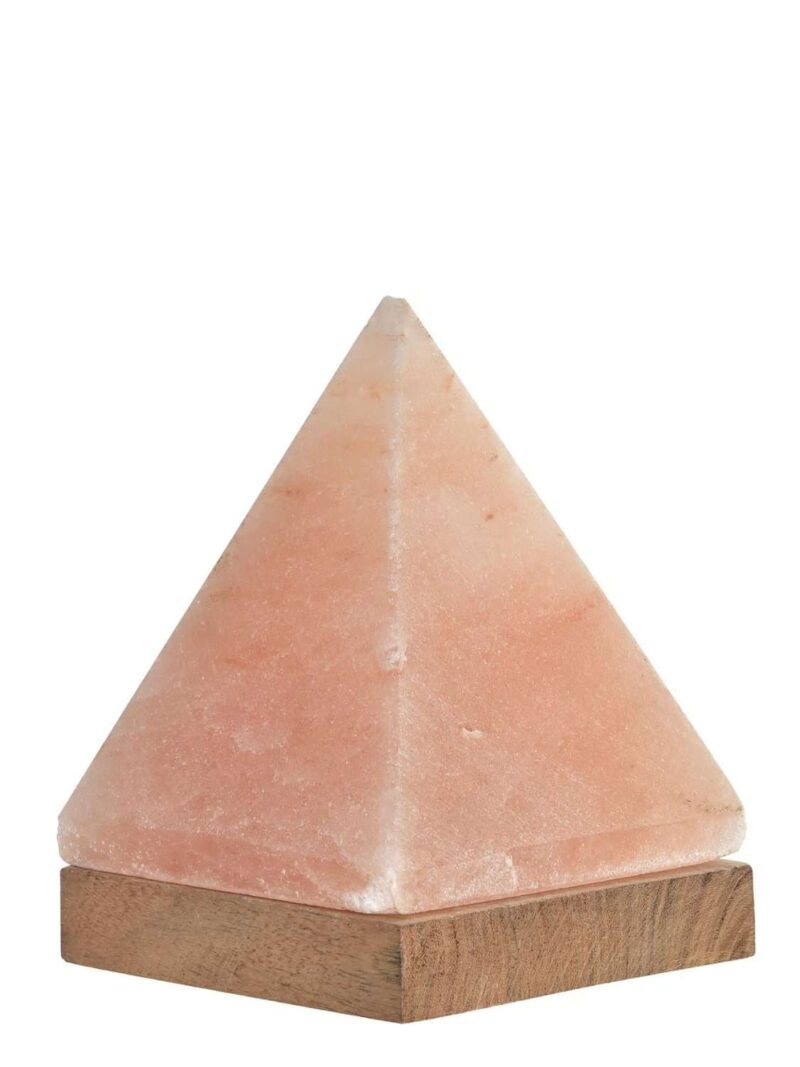 Lampada Piramide Di Sale Dell'Himalaya Base Su Legno Di Acacia H18 Cm