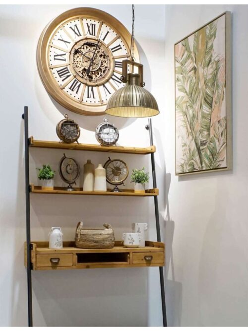 Lampadario da Soffitto in Metallo Bronzato e Legno di Mango