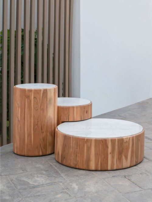 Tavolino da Café Set 3 Pezzi - Legno di Acacia Naturale e Marmo Bianco
