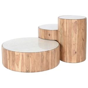 Tavolino da Café Set 3 Pezzi - Legno di Acacia Naturale e Marmo Bianco