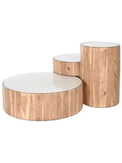 Tavolino da Café Set 3 Pezzi - Legno di Acacia Naturale e Marmo Bianco