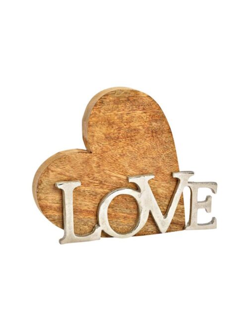 Decorazione Cuore in Legno Naturale con Scritta LOVE in Metallo