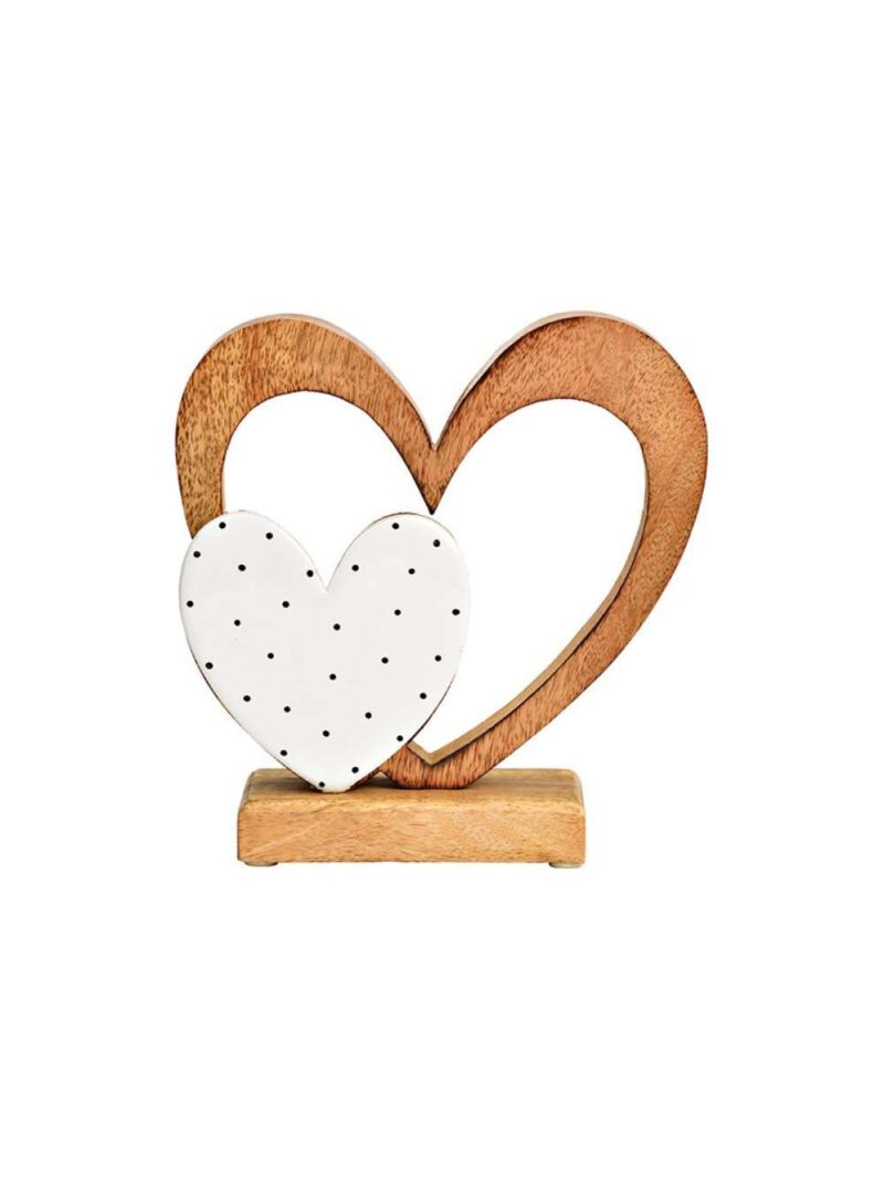 Decorazione Doppio Cuore In Legno Di Mango Marrone E Bianco