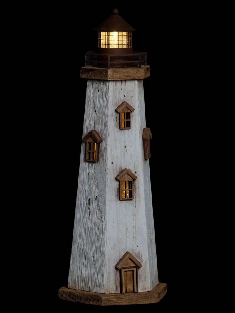Faro Bianco In Legno Paulownia Con Illuminazione Interna A Led
