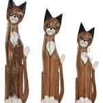 Set di 3 Figure Gatti Marroni in Legno Naturale