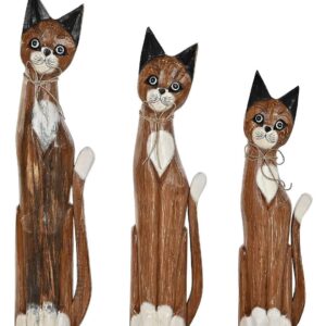Set di 3 Figure Gatti Marroni in Legno Naturale