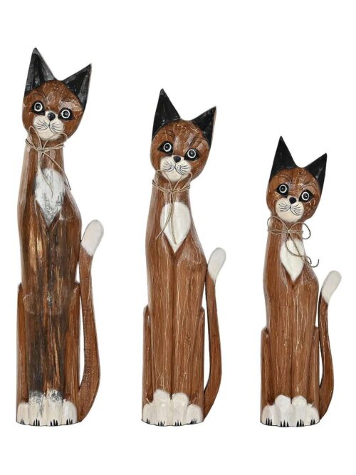 Set di 3 Figure Gatti Marroni in Legno Naturale
