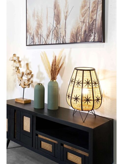 LAMPADA DA TAVOLO o da Terra RATTAN e METALLO con Motivo Fiore