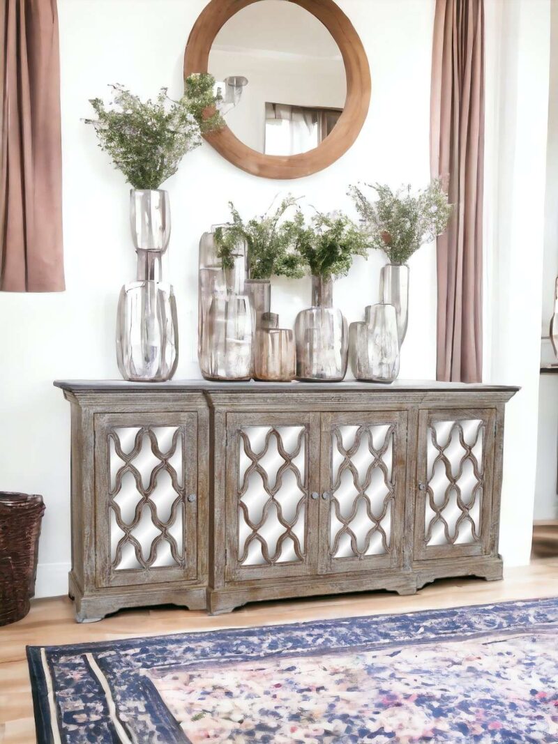 Mobile Buffet In Legno Naturale Di Mango Invecchiato Con Decorazione
