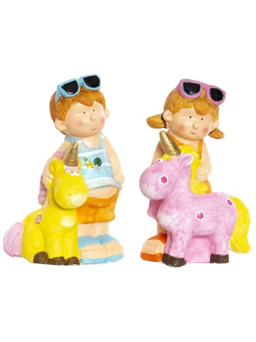 Figura di Bambini con Unicorno in Fibra di Vetro