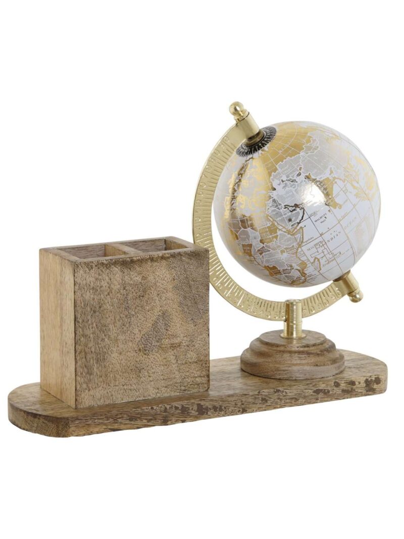 Mappamondo Bianco Oro Su Portapenne In Legno Di Mango
