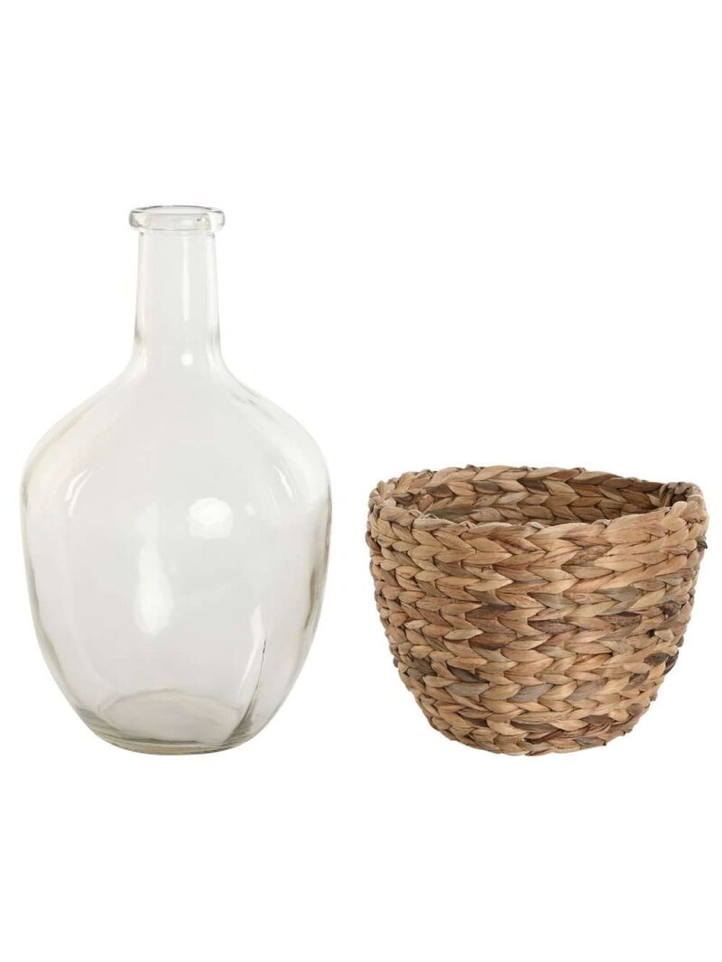 Vaso Fiaschetta In Cristallo Con Impagliatura In Fibra Naturale