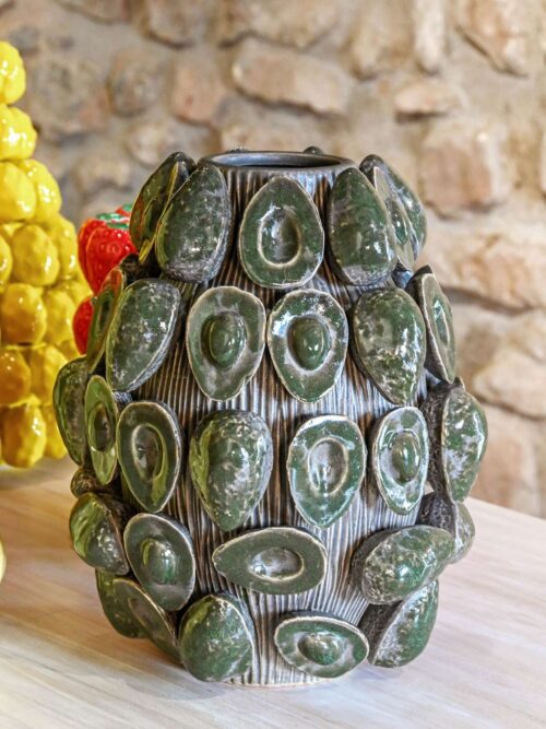 Vaso in Ceramica Verde con Motivo di Avocado