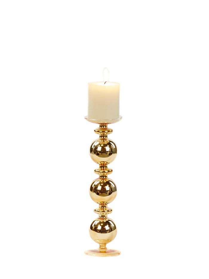Porta Candela In Vetro Con 3 Sfere Oro Alto 30Cm