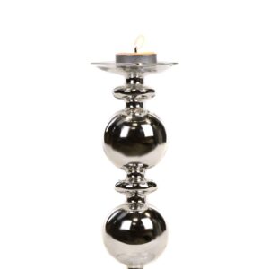 Porta Candela in Vetro con 2 Sfere Argento Alto 22cm