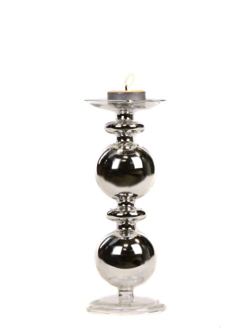 Porta Candela in Vetro con 2 Sfere Argento Alto 22cm