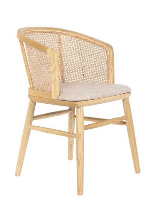 Sedia Olmo Rattan Naturale a Griglia Seduta in Cotone Beige