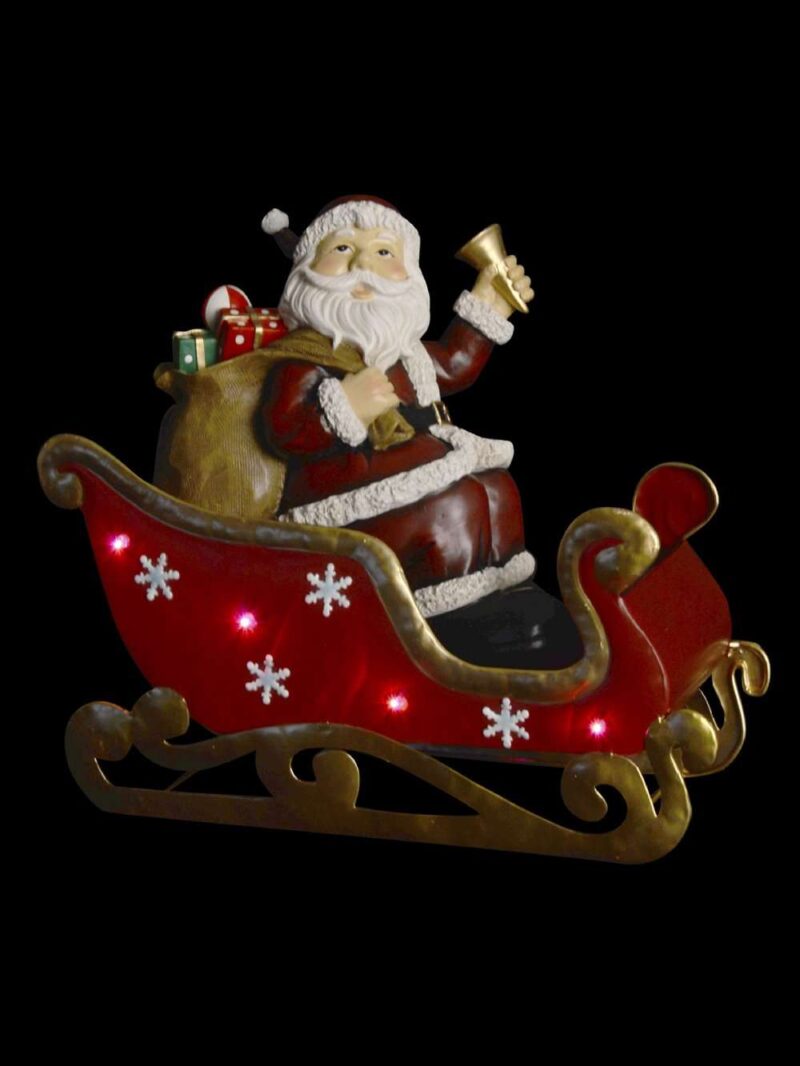 Babbo Natale Rosso Su Slitta Con Doni E Led In Resina