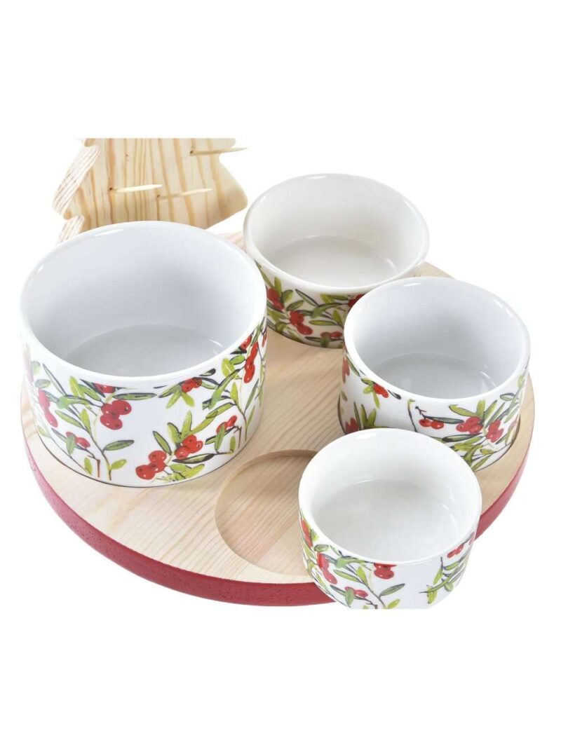 Set Aperitivo In Porcellana E Legno Naturale 5 Pz