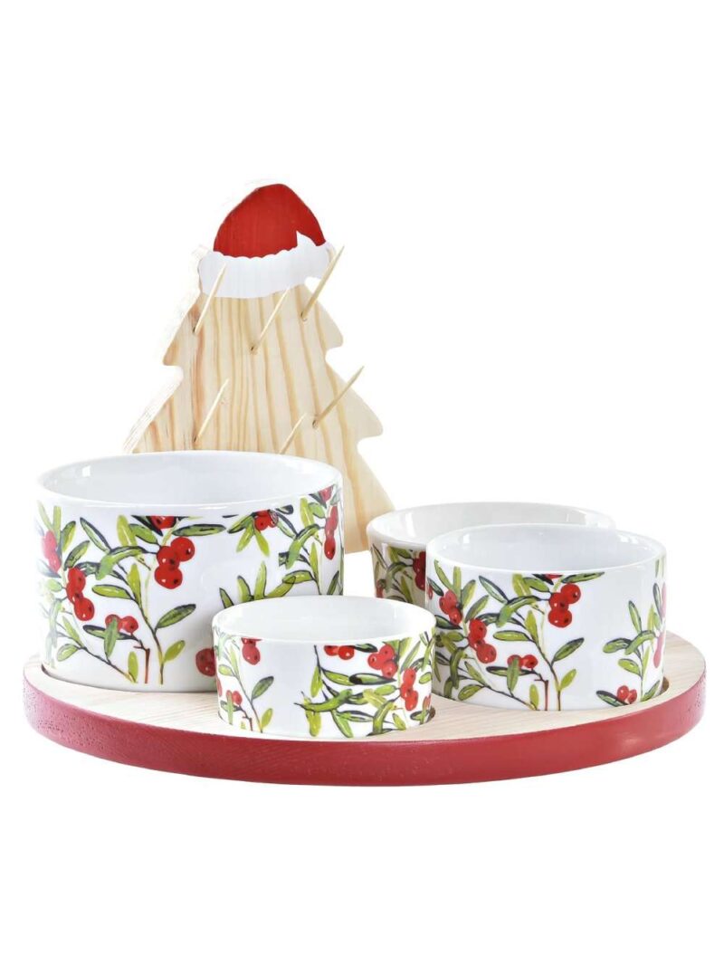 Set Aperitivo In Porcellana E Legno Naturale 5 Pz