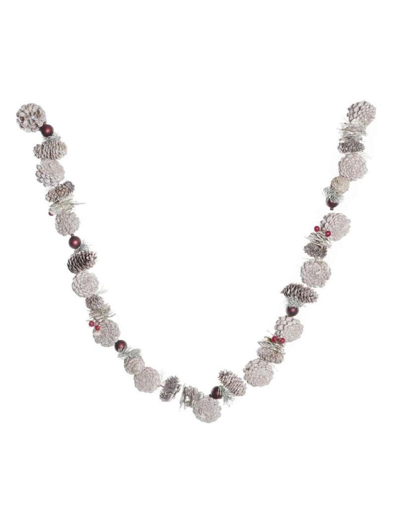 Ghirlanda Con Pigne Bianca E Palle Rosse 150 Cm