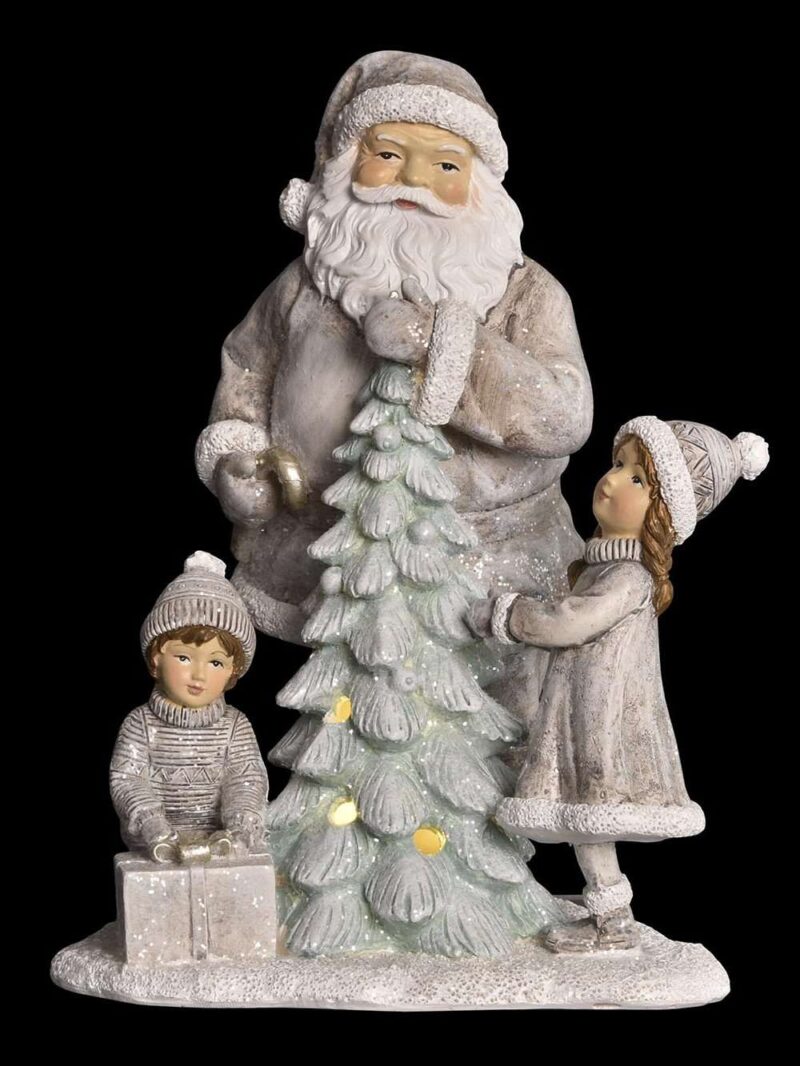 Decorazione Babbo Natale Con Bimbi In Resina Grigio E Led