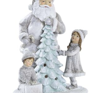 Decorazione Babbo Natale con Bimbi in Resina Grigio e Led