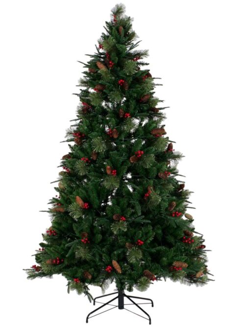 Albero di Natale Verde con Luci LED e Pigne h210 cm