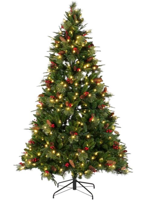 Albero di Natale Verde con Luci LED e Pigne h210 cm