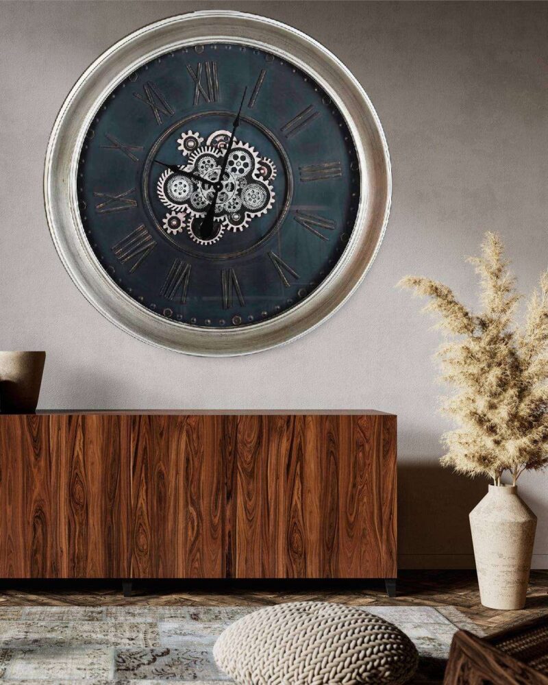Grande Orologio Da Parete Con Ingranaggi A Vista In Metallo E Vetro