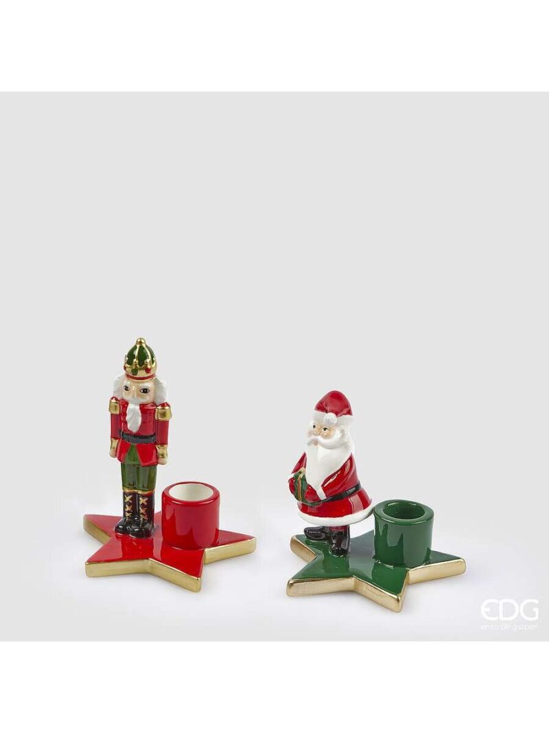 Portacandela Stella In Ceramica Babbo Natale Schiaccianoci