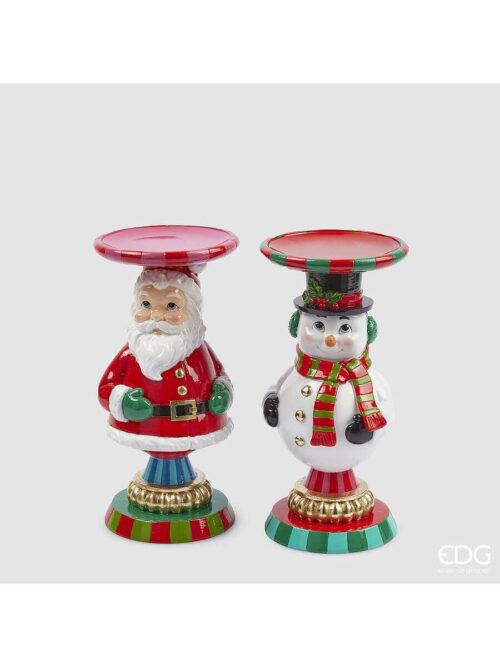 Portacandela Babbo Natale e Uomo di Neve h 23 cm