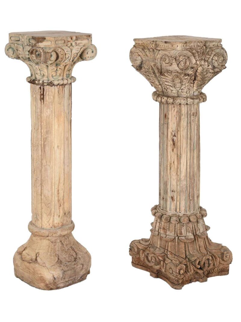 Colonna In Legno Naturale Riciclato Intagliata H114 Cm