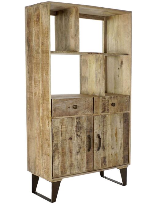 Libreria in Legno Naturale di Mango con 2 Cassetti 2 Ante