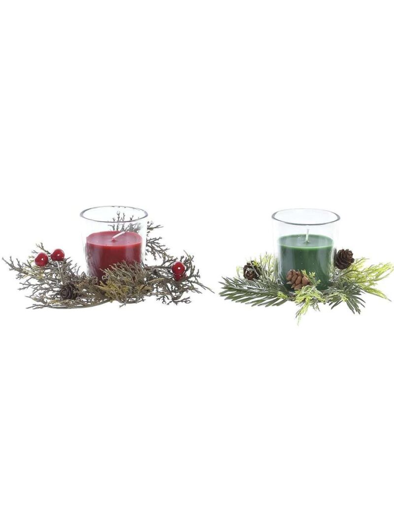 Set Di 2 Candele Cera In Vetro Con Decorazioni