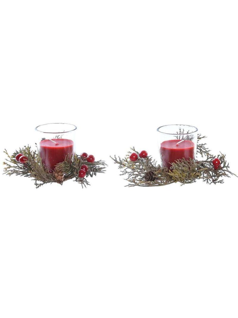 Set Di 2 Candele Cera In Vetro Con Decorazioni
