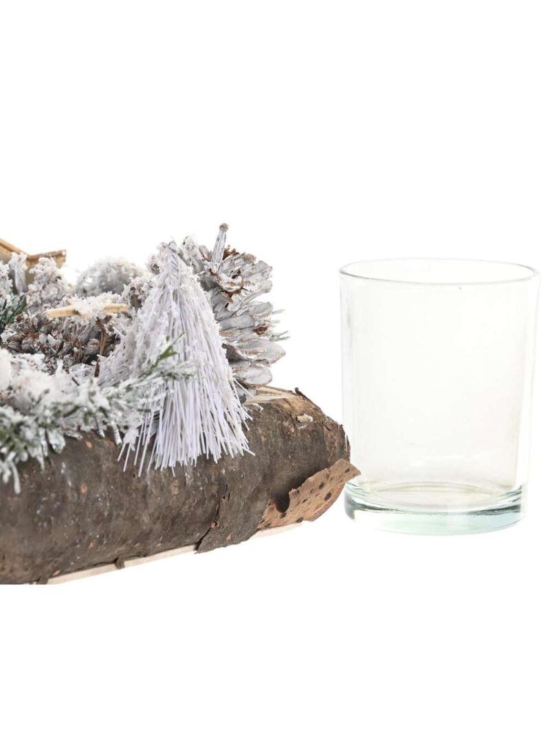 Portacandele In Legno Naturale Con Pigne E Palline Innevato