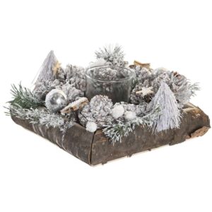 Portacandele in Legno Naturale con Pigne e Palline Innevato