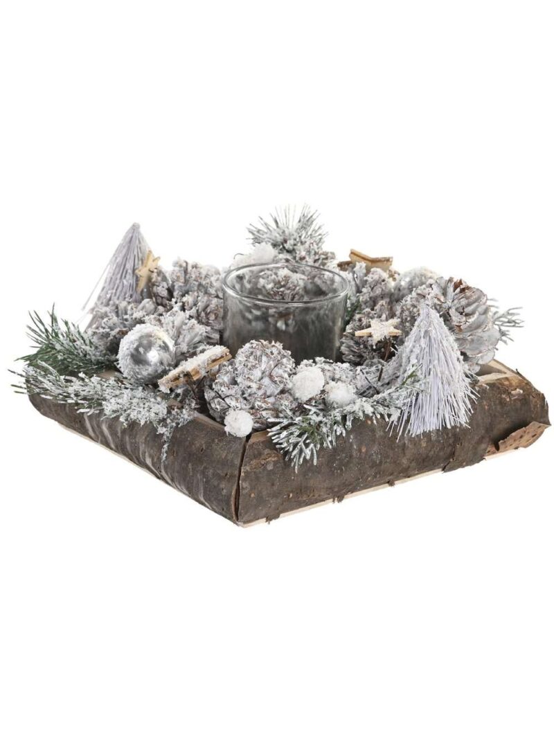 Portacandele In Legno Naturale Con Pigne E Palline Innevato