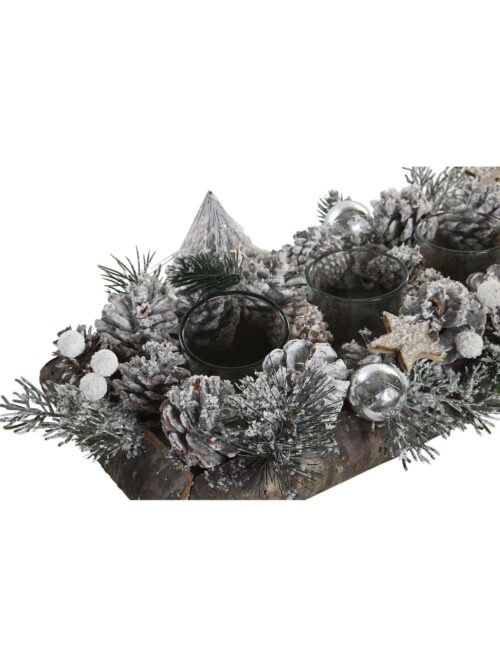 Portacandele in Legno Naturale con Pigne e Palline Innevato 4p