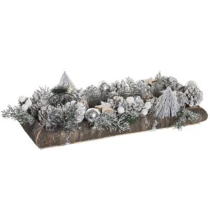 Portacandele in Legno Naturale con Pigne e Palline Innevato 4p