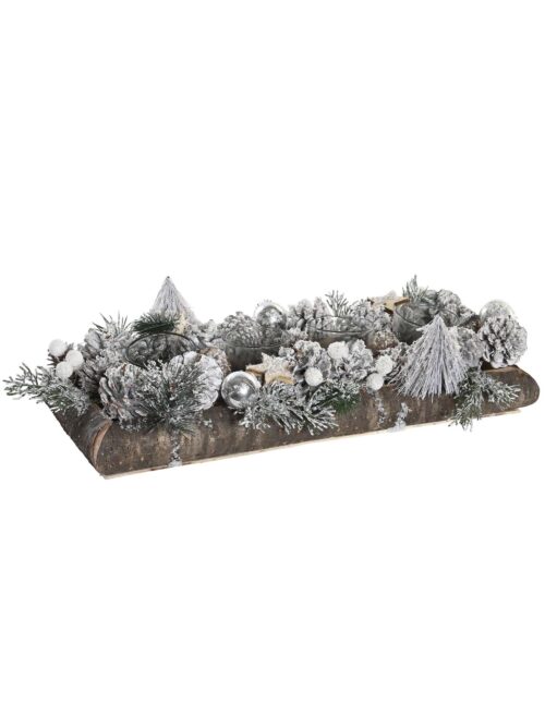 Portacandele in Legno Naturale con Pigne e Palline Innevato 4p