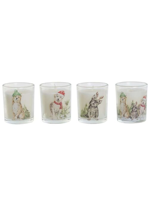 Candela in Cera in Bicchiere di Vetro Decorato con Cani